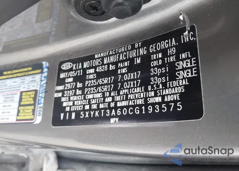 2012 Kia Sorento Lx из США, поврежденный, VIN 5XYKT3A60CG193575